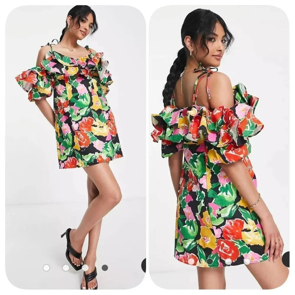 Topshop cotton blend bold floral ruffle bardot mini dress Sz 6